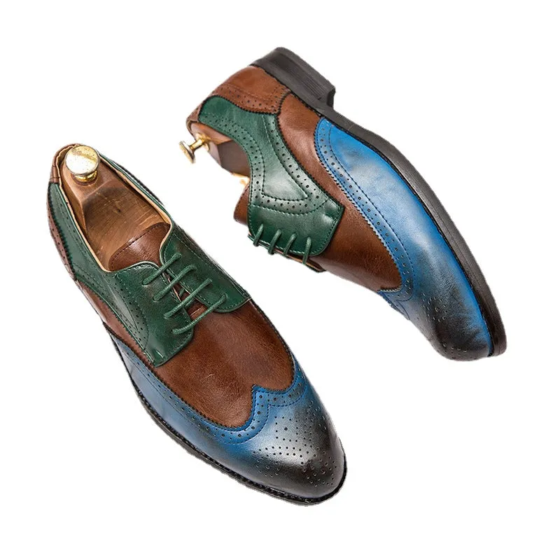 Color block British men's small leather shoes, leather upper, Brock carving, retro leisure tie, Youth Large