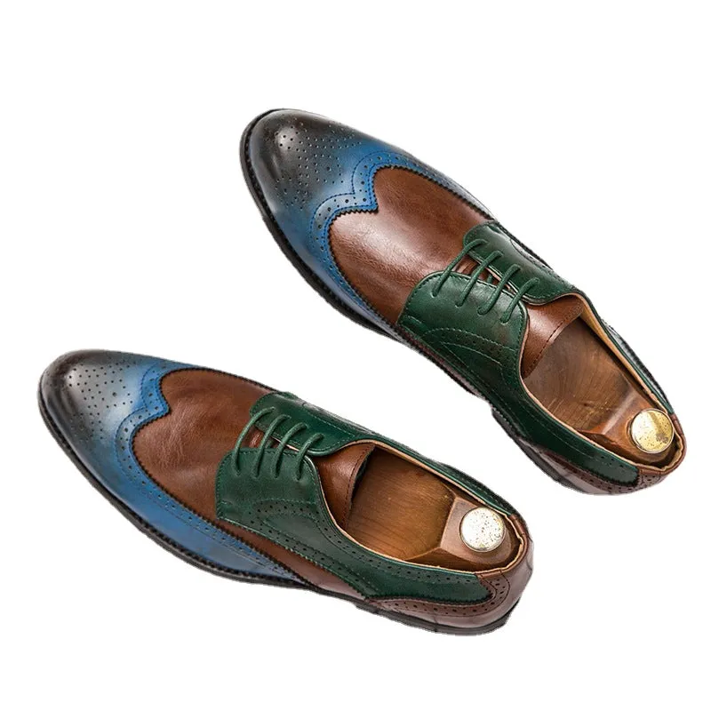 Color block British men's small leather shoes, leather upper, Brock carving, retro leisure tie, Youth Large