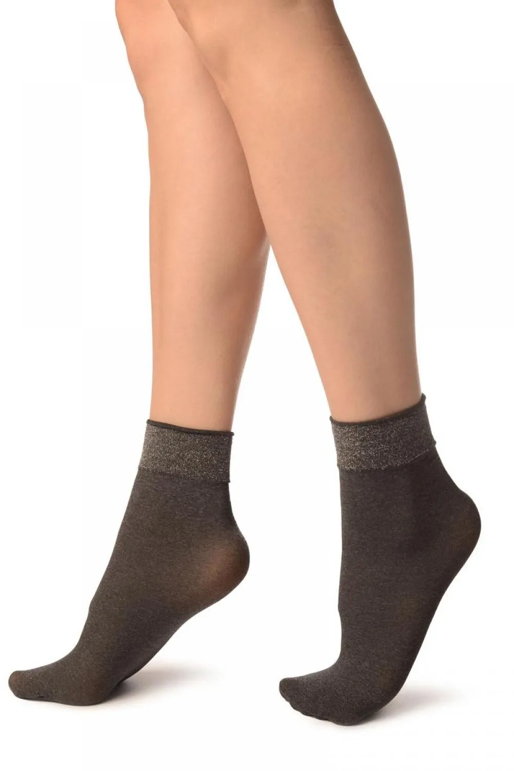 Dark Grey With Silver Lurex Elasticated Top Ankle High Socks