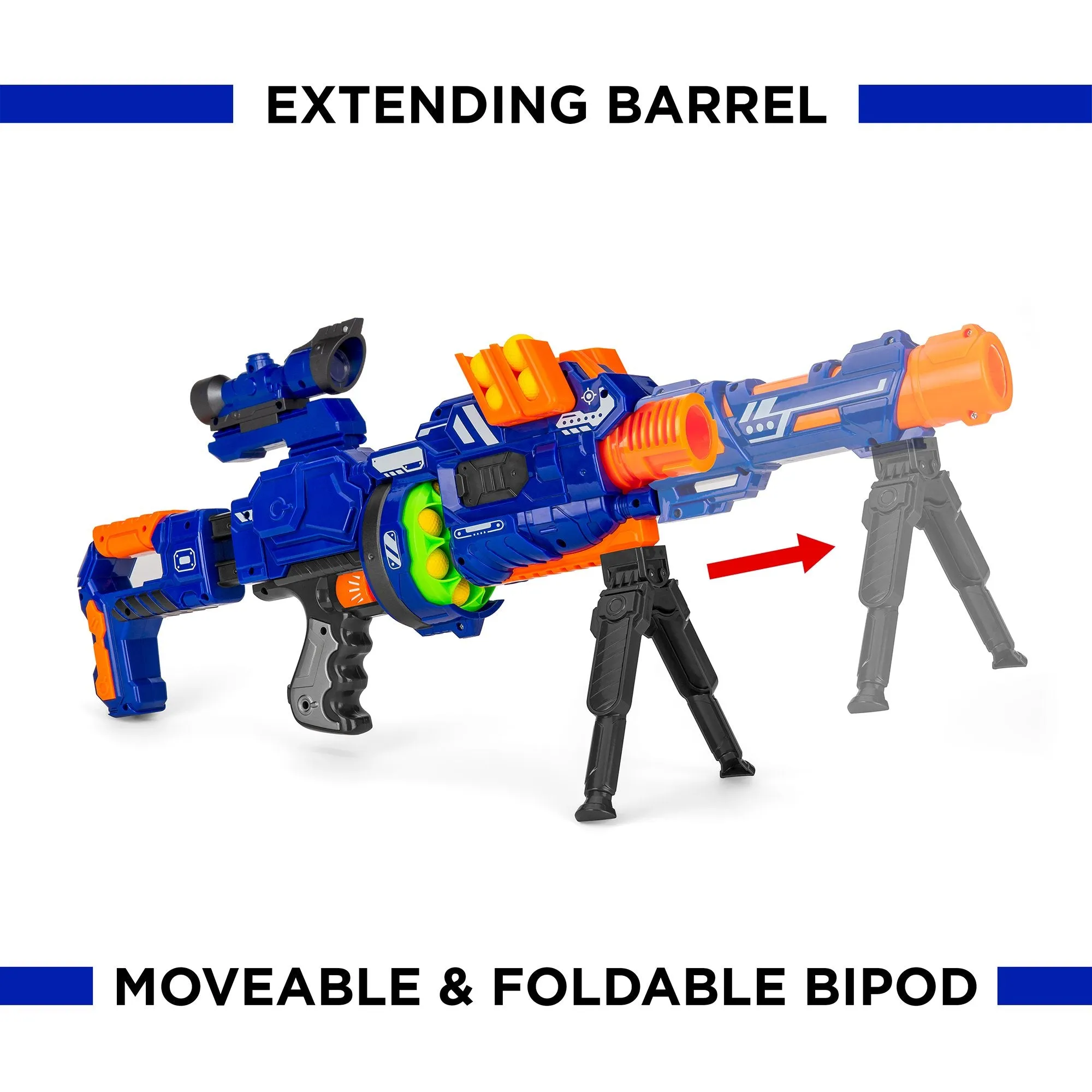 Electric Soft Foam Ball Long-Distance Blaster Toy w/ Barrel Extension, Bipod