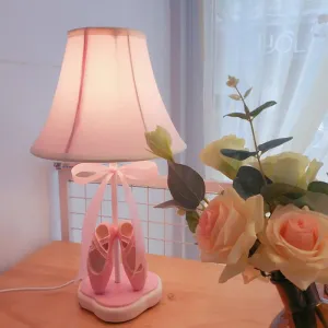 Fabric Flare Pink Nightstand Light for Kids with Ballet Shoes Ornament