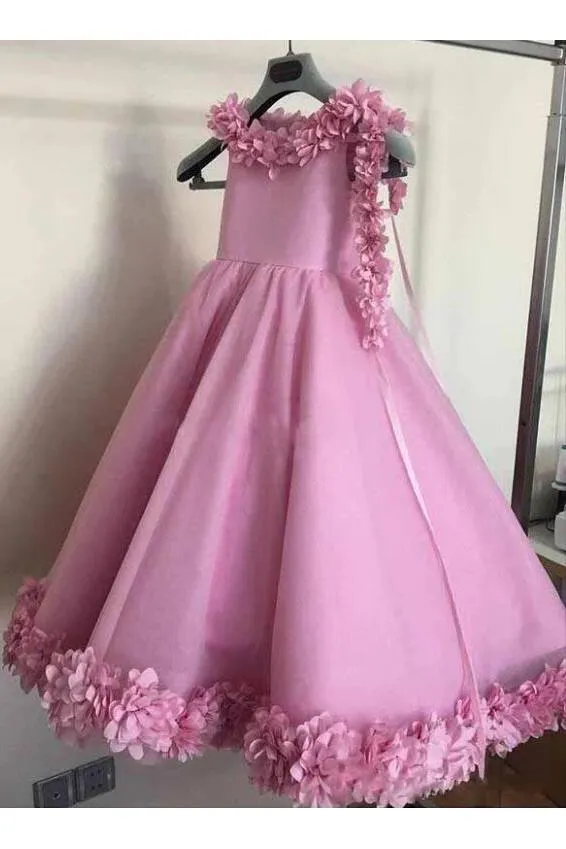 Floor Length Scoop Neck Ball Gown Flower Girls Dresses With 3D Floral Appliques UF077