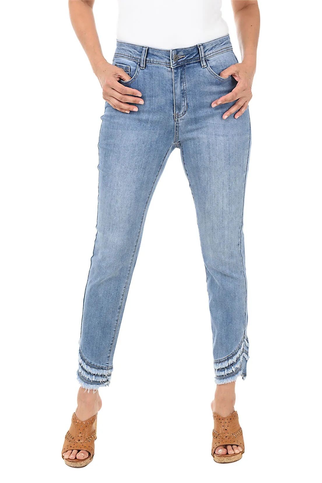 Frayed Curved Hem Denim Ankle Pant