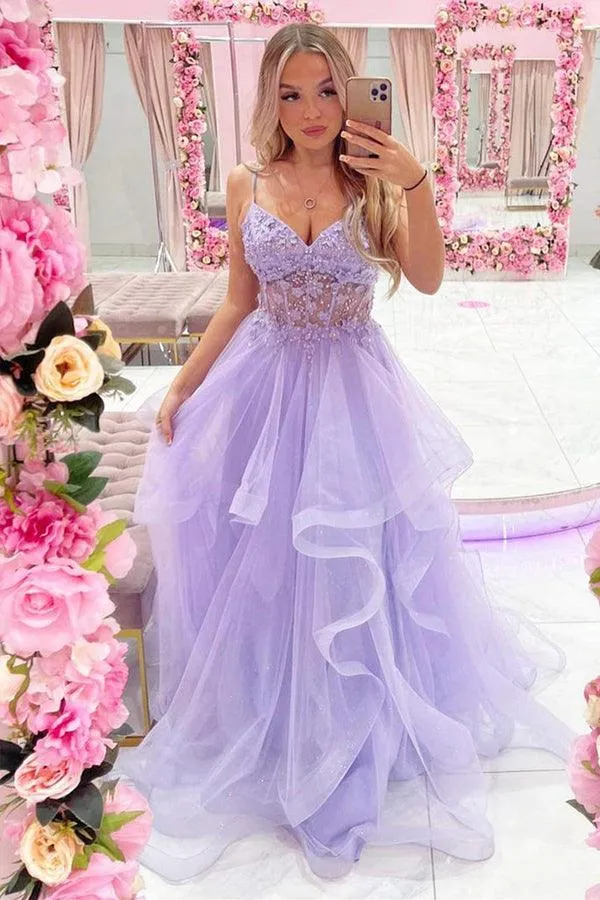 Gorgeous V Neck Beaded Purple Lace Floral Long Prom Dresses  PSK354