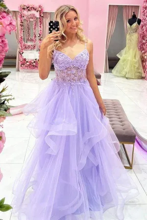 Gorgeous V Neck Beaded Purple Lace Floral Long Prom Dresses  PSK354