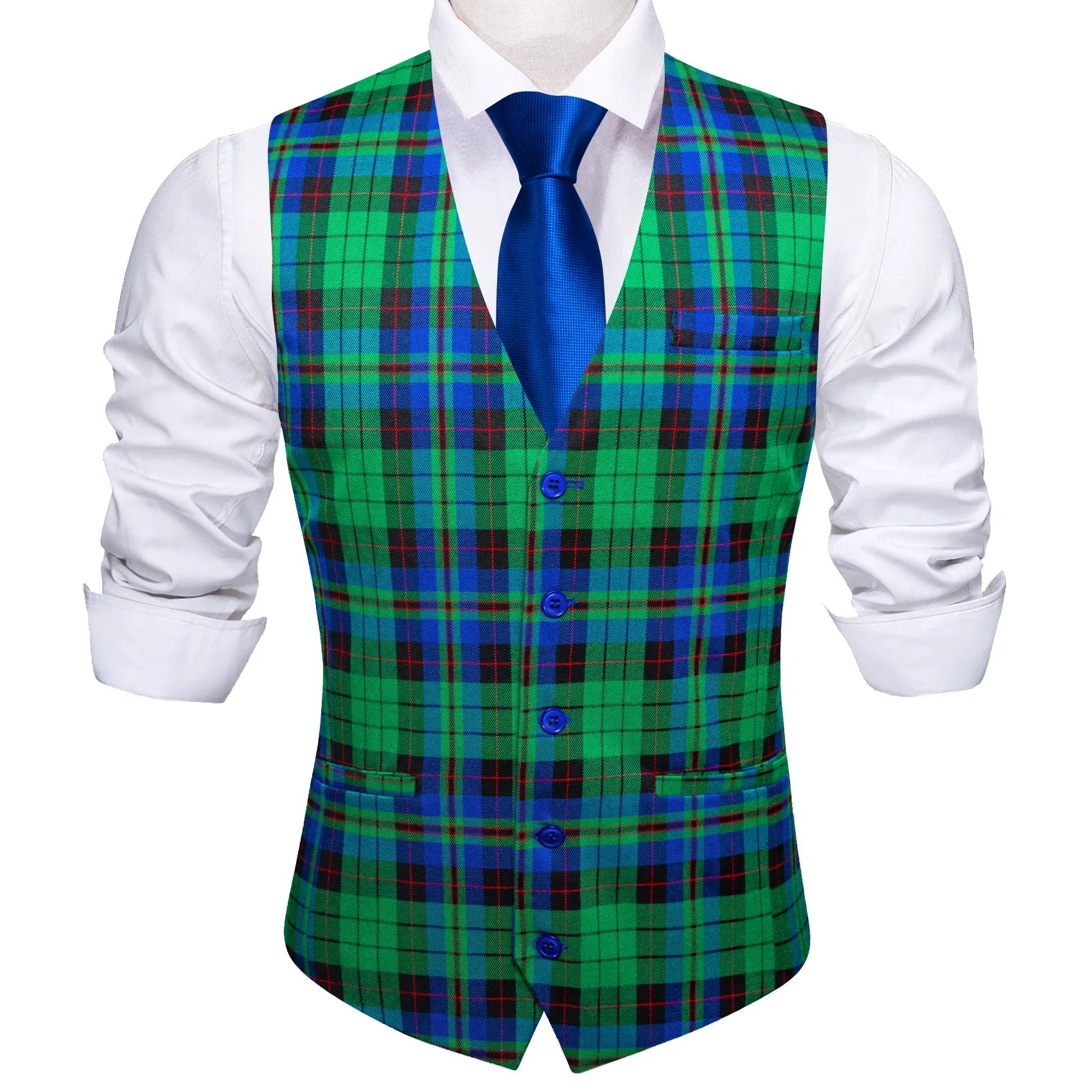 Green Blue Plaid Novelty Jacquard Men's Single Vest