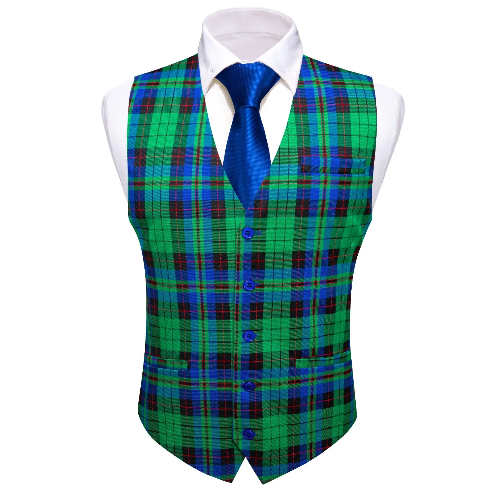 Green Blue Plaid Novelty Jacquard Men's Single Vest