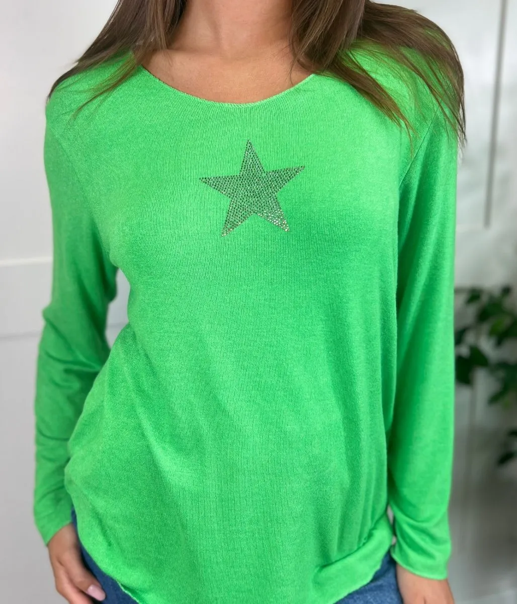 Green Diamante Star Lightweight Jumper