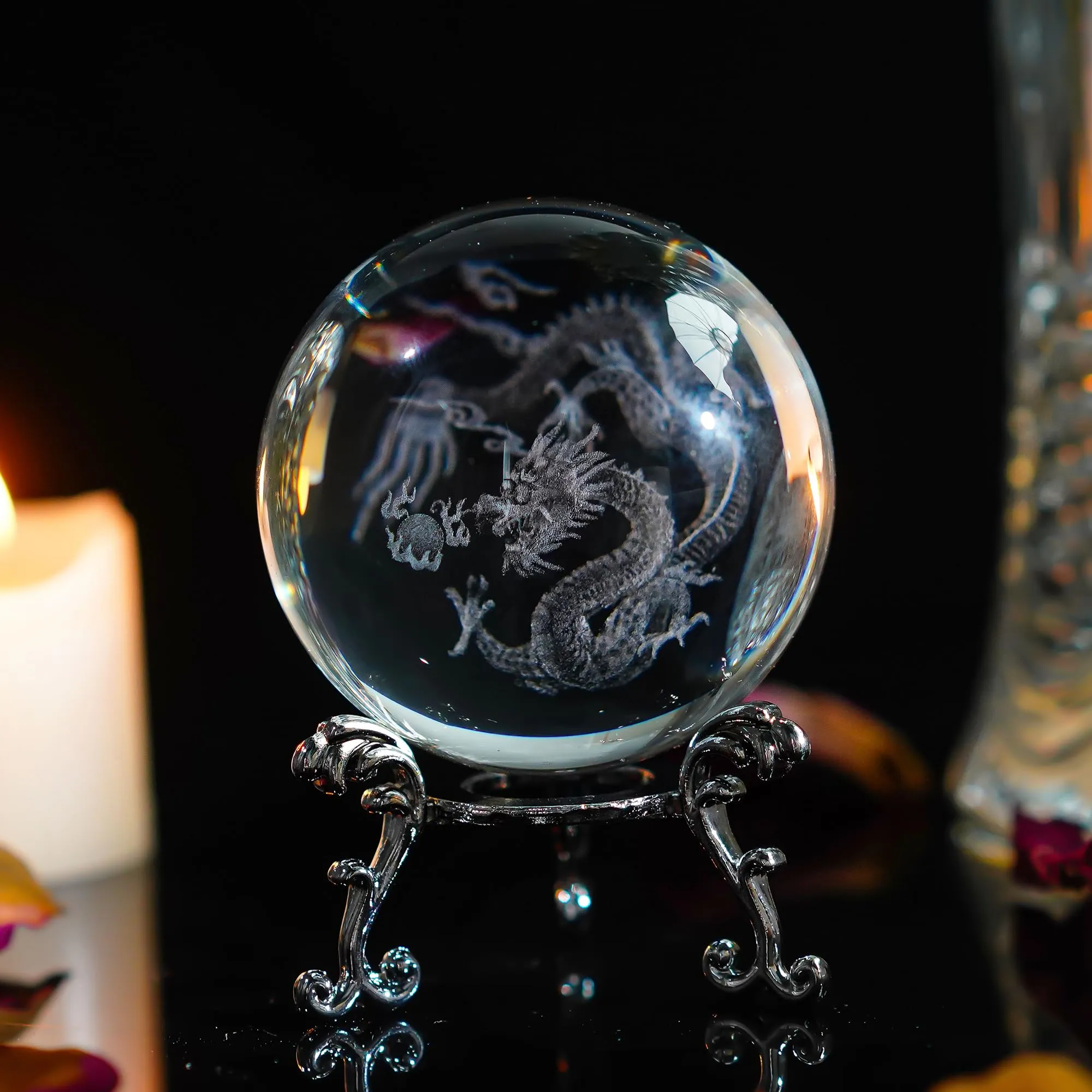 HDCRYSTALGIFTS Crystal 2.4 inch (60mm) Chinese Dragon Crystal Ball with Sliver-Plated Flowering Stand,Fengshui Glass Loong Ball Home Decoration