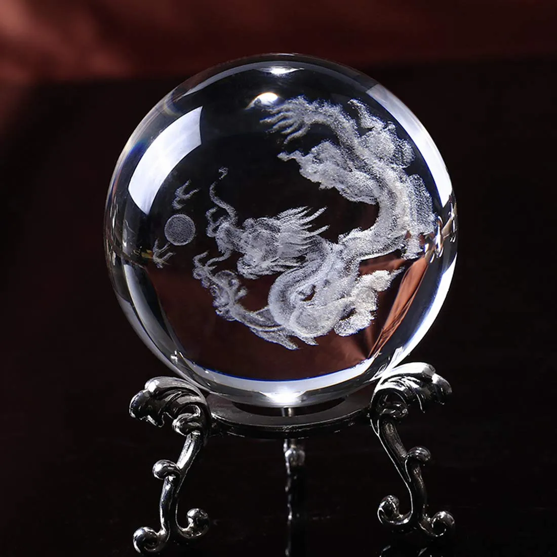 HDCRYSTALGIFTS Crystal 2.4 inch (60mm) Chinese Dragon Crystal Ball with Sliver-Plated Flowering Stand,Fengshui Glass Loong Ball Home Decoration