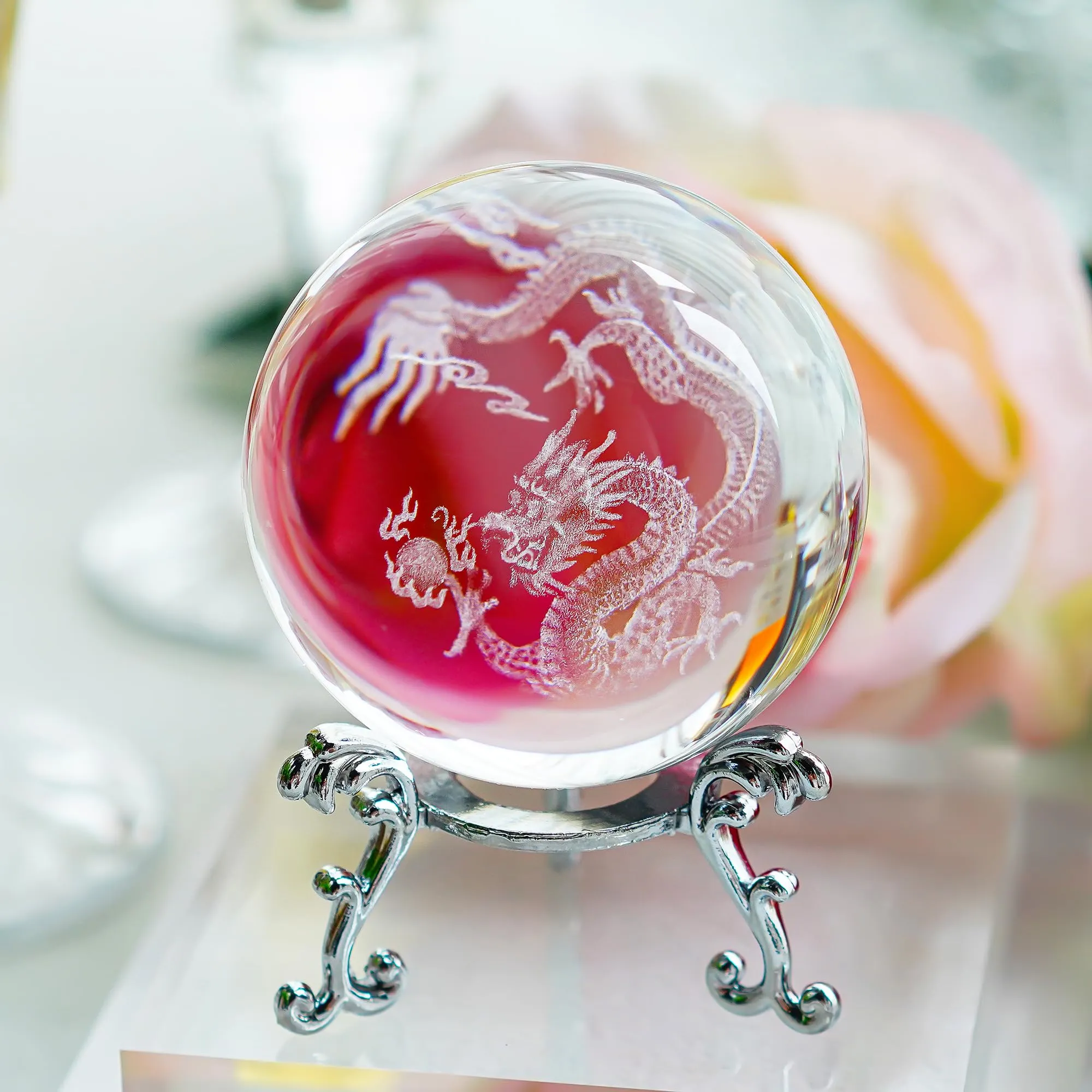 HDCRYSTALGIFTS Crystal 2.4 inch (60mm) Chinese Dragon Crystal Ball with Sliver-Plated Flowering Stand,Fengshui Glass Loong Ball Home Decoration