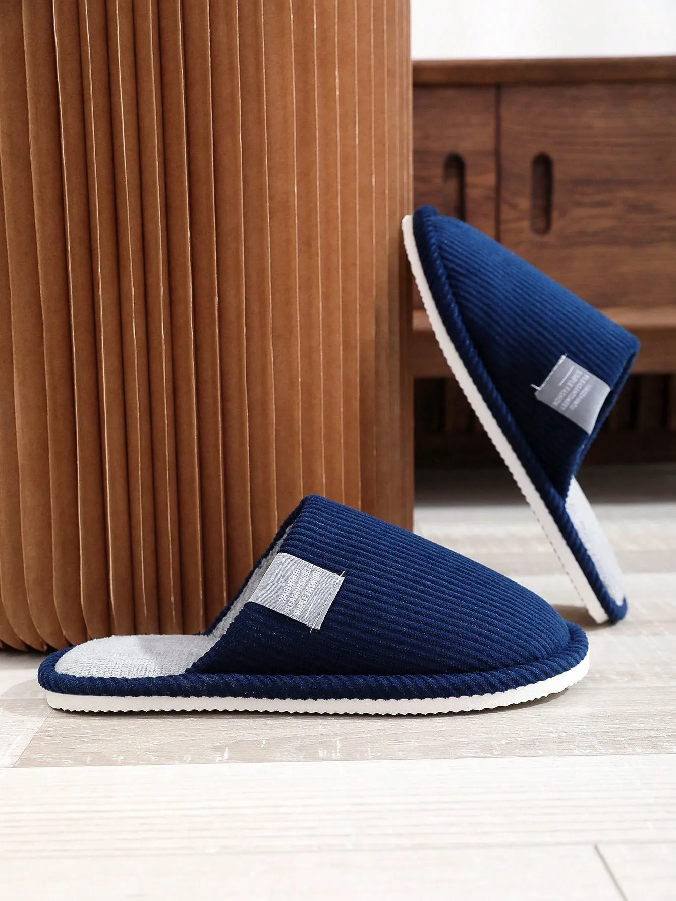 Men's Indoor Slippers,Men's flat-headed blue home slippers, striped plush flat-bottomed slippers, autumn and winter warm plush slippers