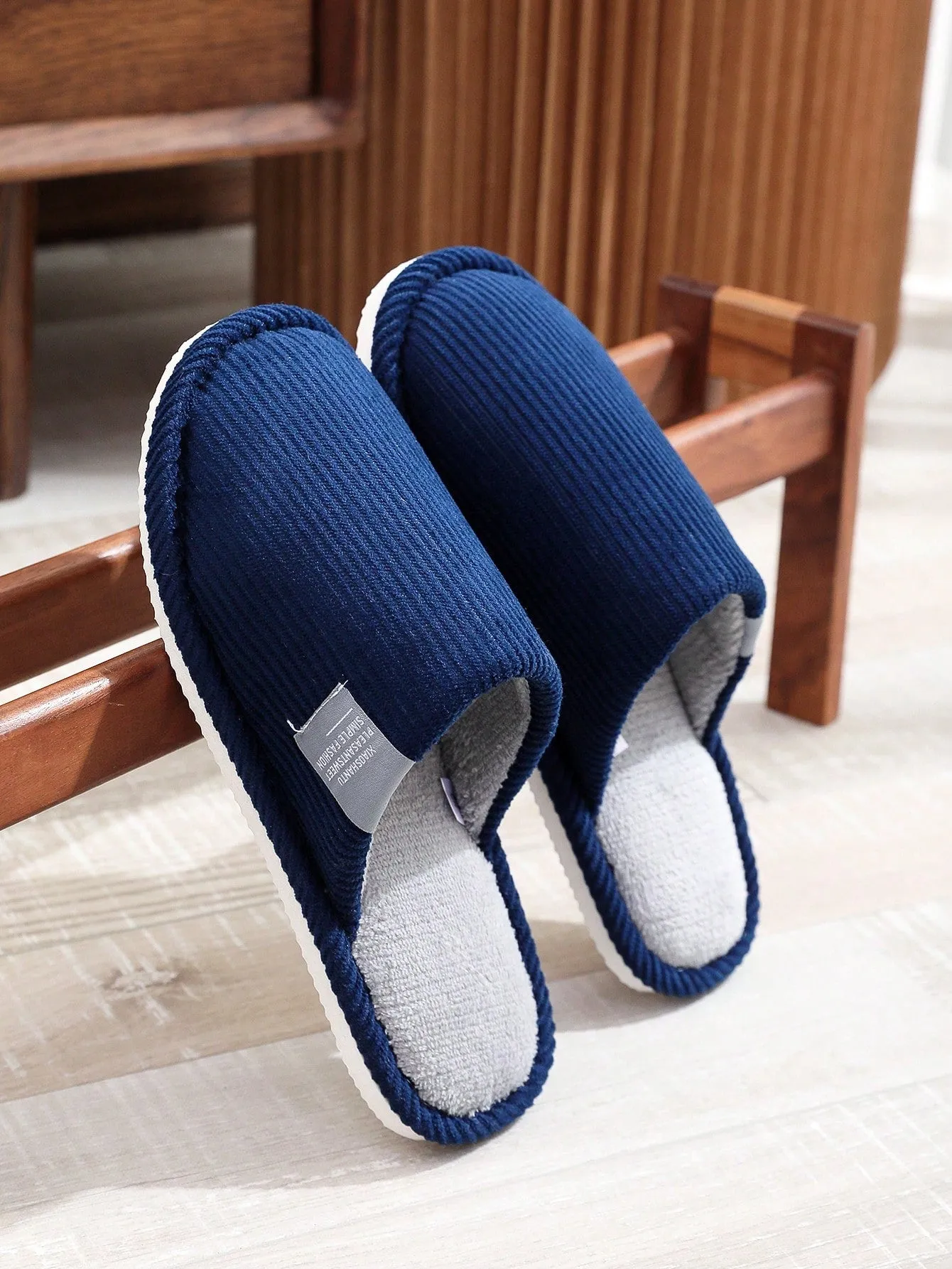 Men's Indoor Slippers,Men's flat-headed blue home slippers, striped plush flat-bottomed slippers, autumn and winter warm plush slippers