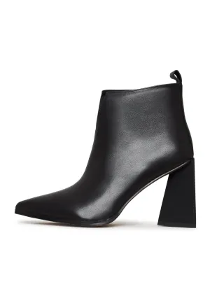 Pointed Toe Block Heel Ankle Boots - Stylish Leather Booties- Black