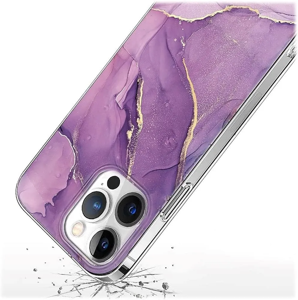 Purple Marble Series Case with Tempered Glass Screen and Camera Protector - iPhone 14 Pro