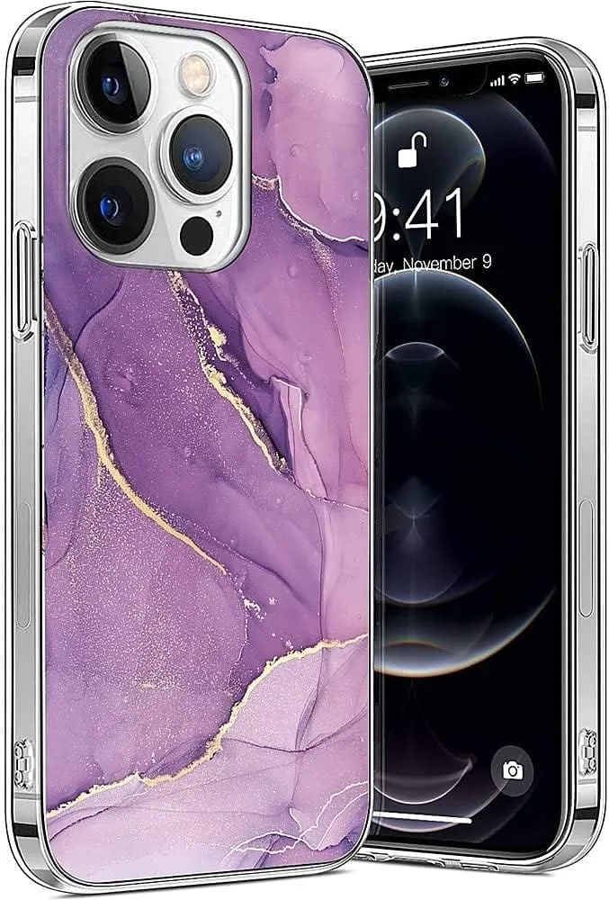 Purple Marble Series Case with Tempered Glass Screen and Camera Protector - iPhone 14 Pro