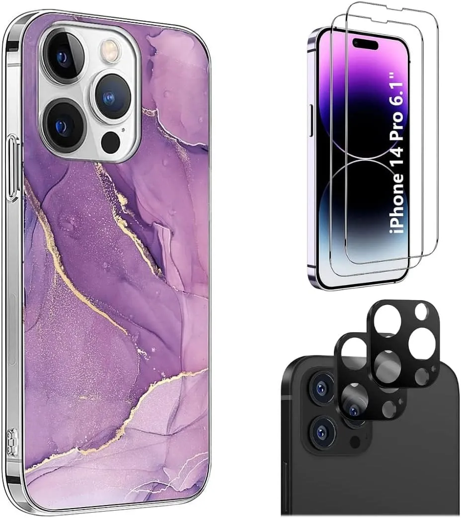 Purple Marble Series Case with Tempered Glass Screen and Camera Protector - iPhone 14 Pro