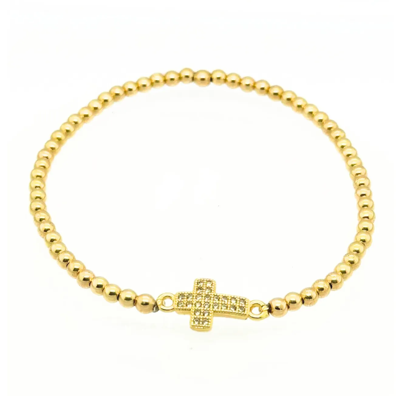 "ESTHER" Pave Cross Charm on Gold Filled Ball Beaded Bracelet