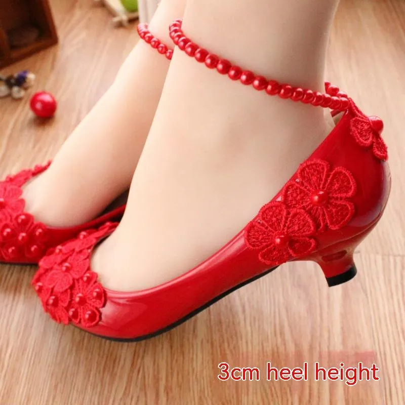 Red Bridal Shoes Pearl Anklet Large Size Women's Shoes