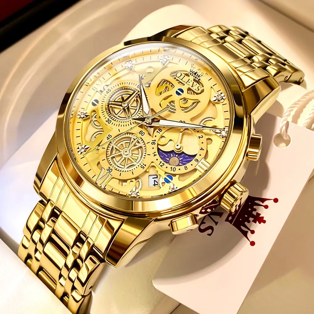 SOLD (Jewelry) OLEVS Top Brand Fashionable Men's Watch/Waterproof/Quartz Watch for Men/Gold Skeleton Style