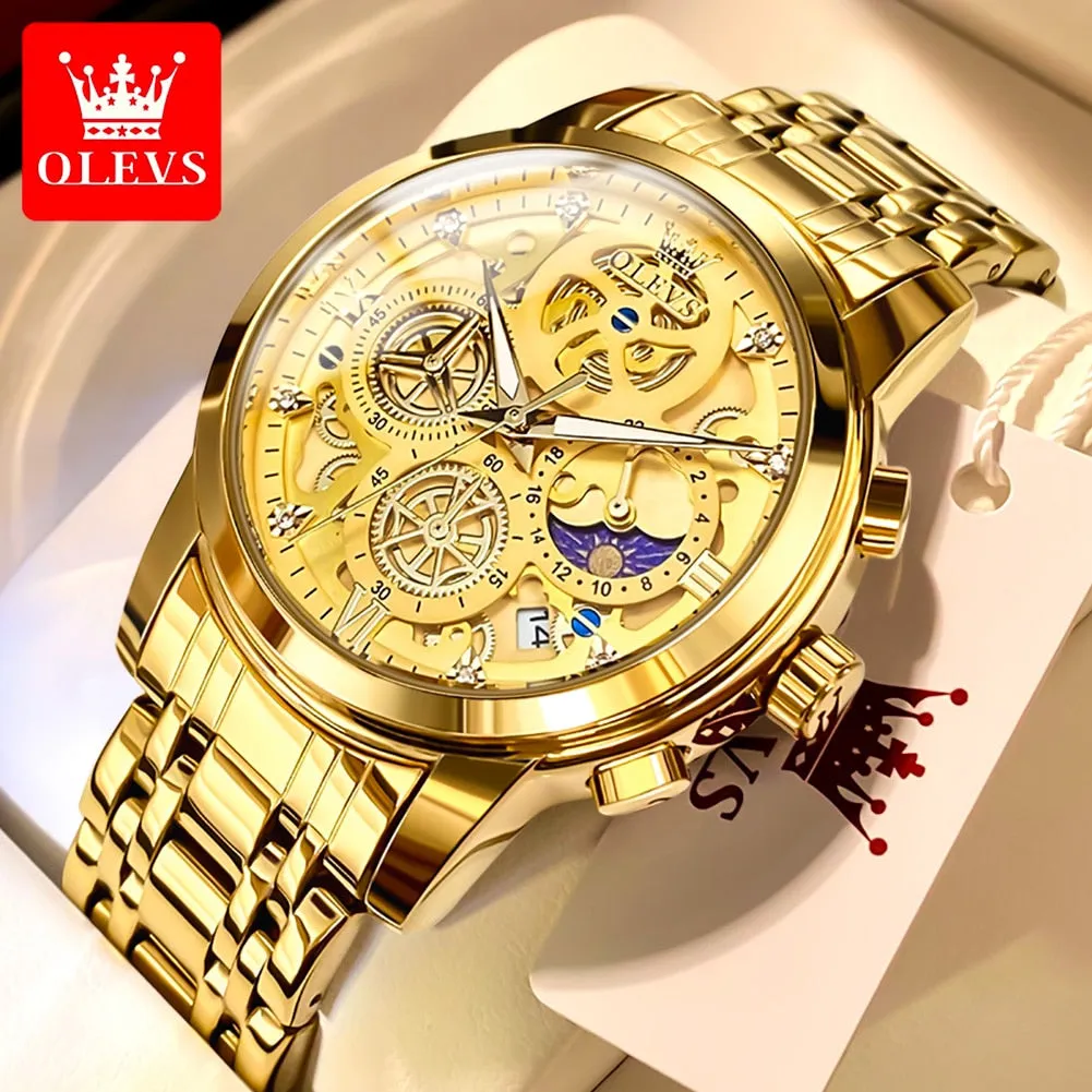 SOLD (Jewelry) OLEVS Top Brand Fashionable Men's Watch/Waterproof/Quartz Watch for Men/Gold Skeleton Style