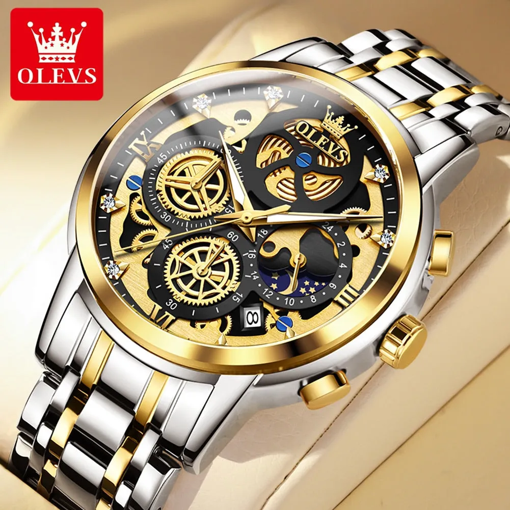 SOLD (Jewelry) OLEVS Top Brand Fashionable Men's Watch/Waterproof/Quartz Watch for Men/Gold Skeleton Style