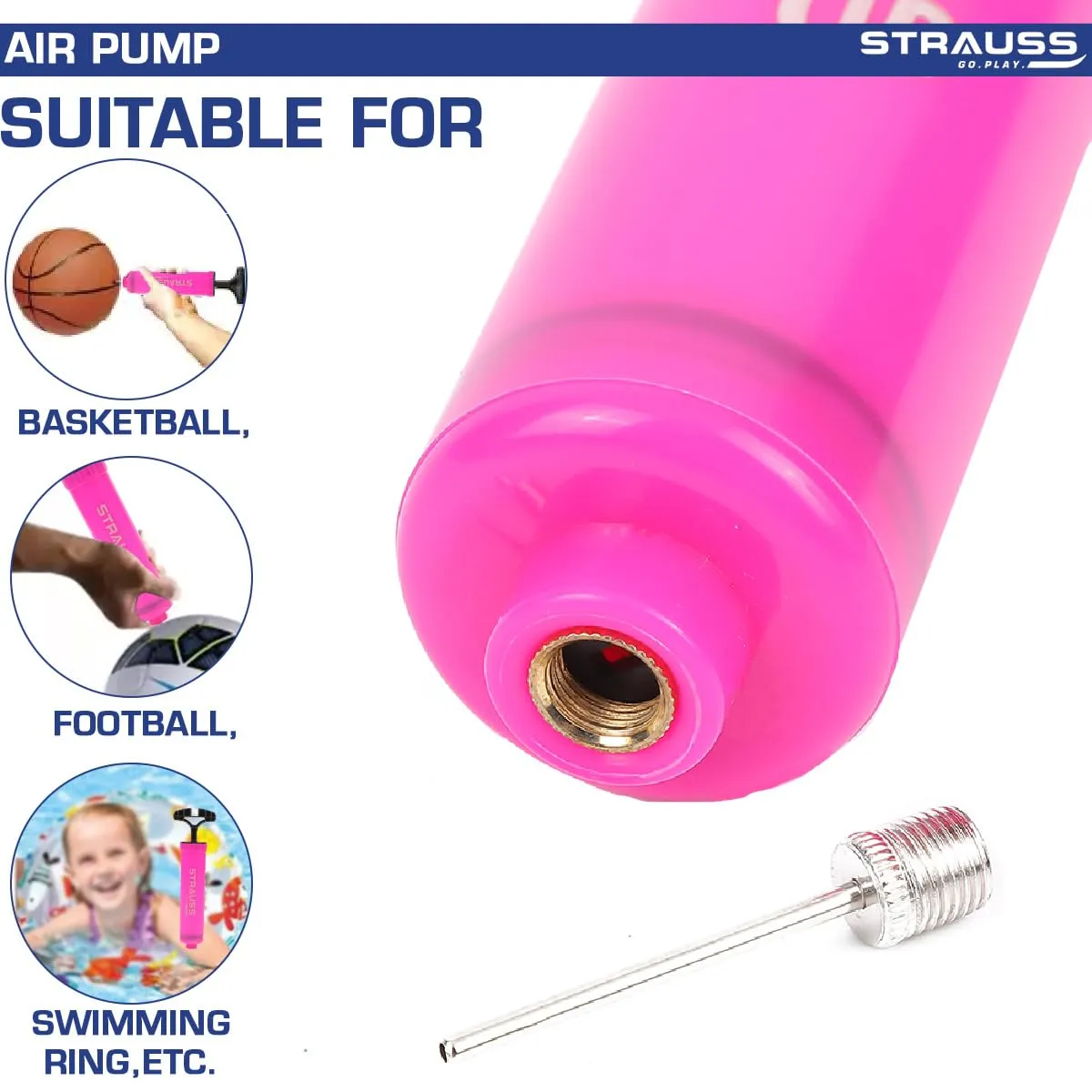 Strauss Hand Air Pump for Sports | Suitable for Football, Volleyball, Basketball, Rugby, Soccer Ball, Other Inflatable Balls | Air Inflator with Stainless Steel Pin (1 pcs), (Pink)