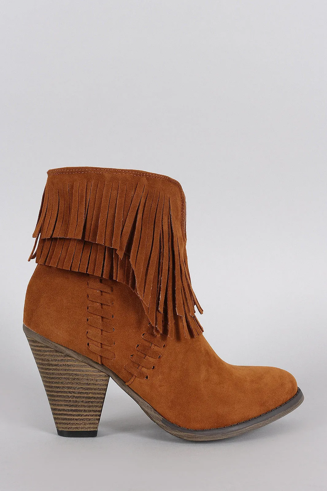 Suede Asymmetrical Fringe Chunky Stacked Heeled Ankle Boots