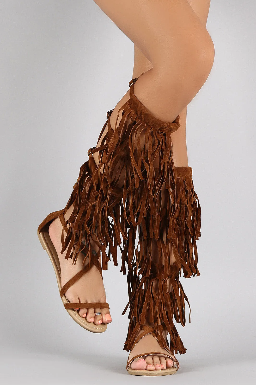 Suede Strappy Fringe Open Toe Gladiator Flat Sandal