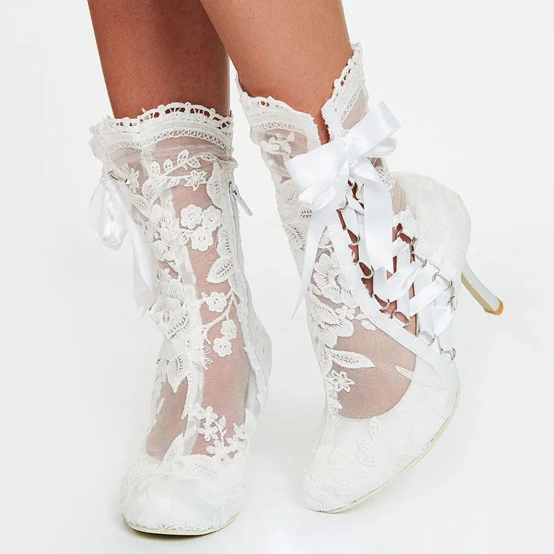 TAVIMART  -  Romantic Floral Lace Ribbons Bandage Ankle Boots Women High Heel Wedding Boots Beauty Flower Lace Mesh Prom Ball Short Booties