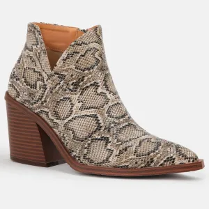 Thick Heeled Pointed Toe Snake Print Leather Boots