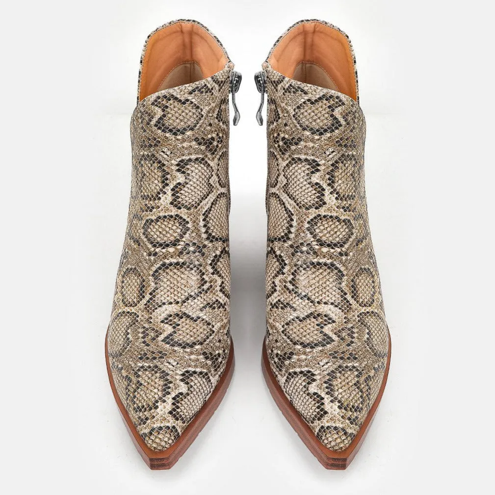 Thick Heeled Pointed Toe Snake Print Leather Boots