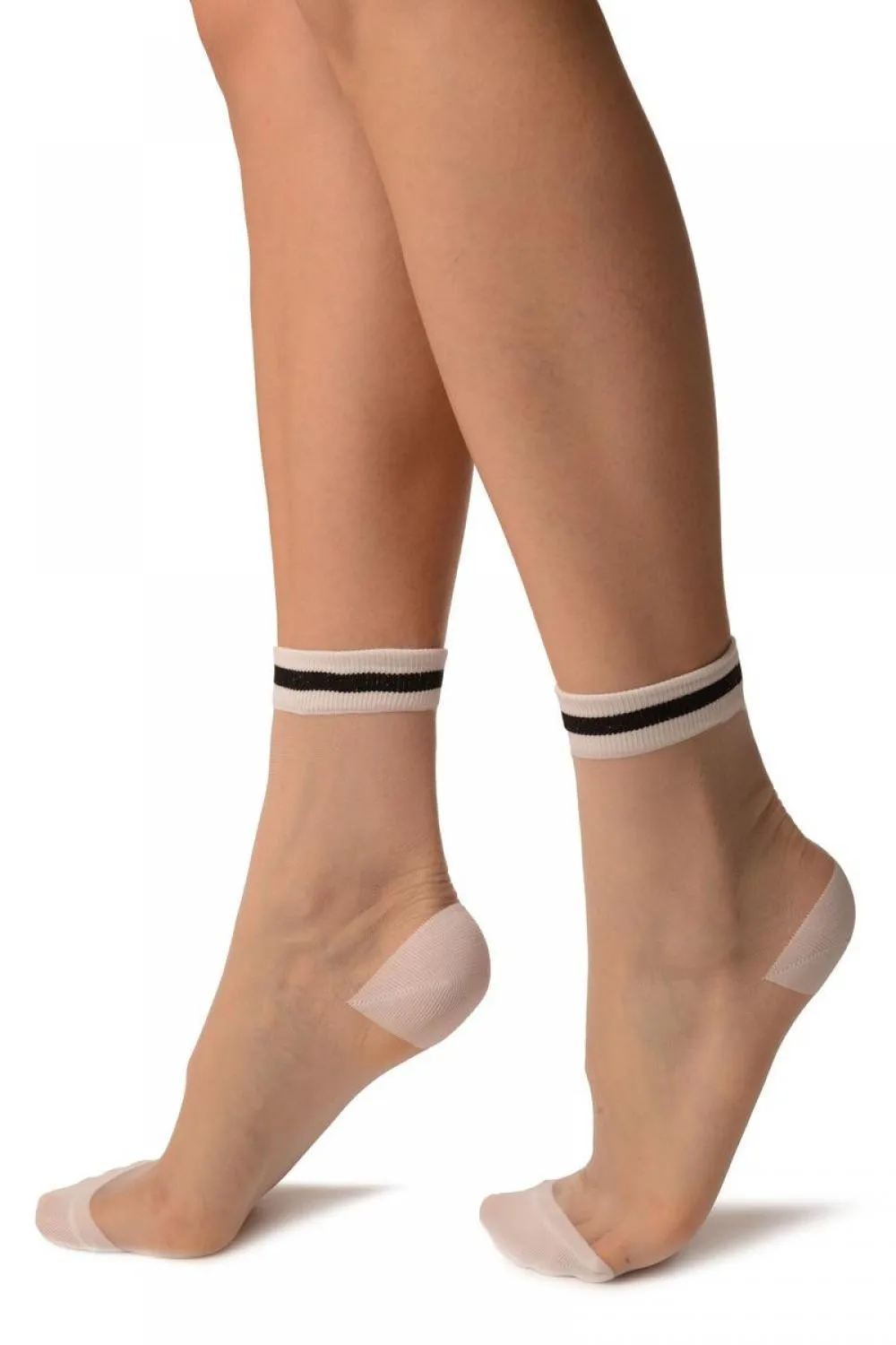 White Invisible Socks With Black Striped Top Ankle High Socks