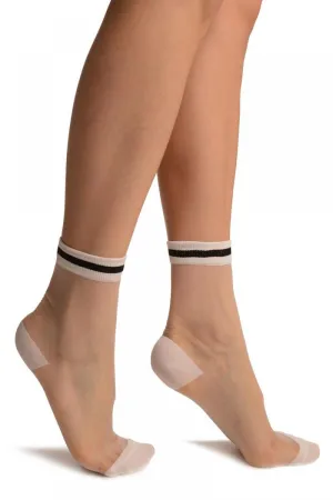 White Invisible Socks With Black Striped Top Ankle High Socks