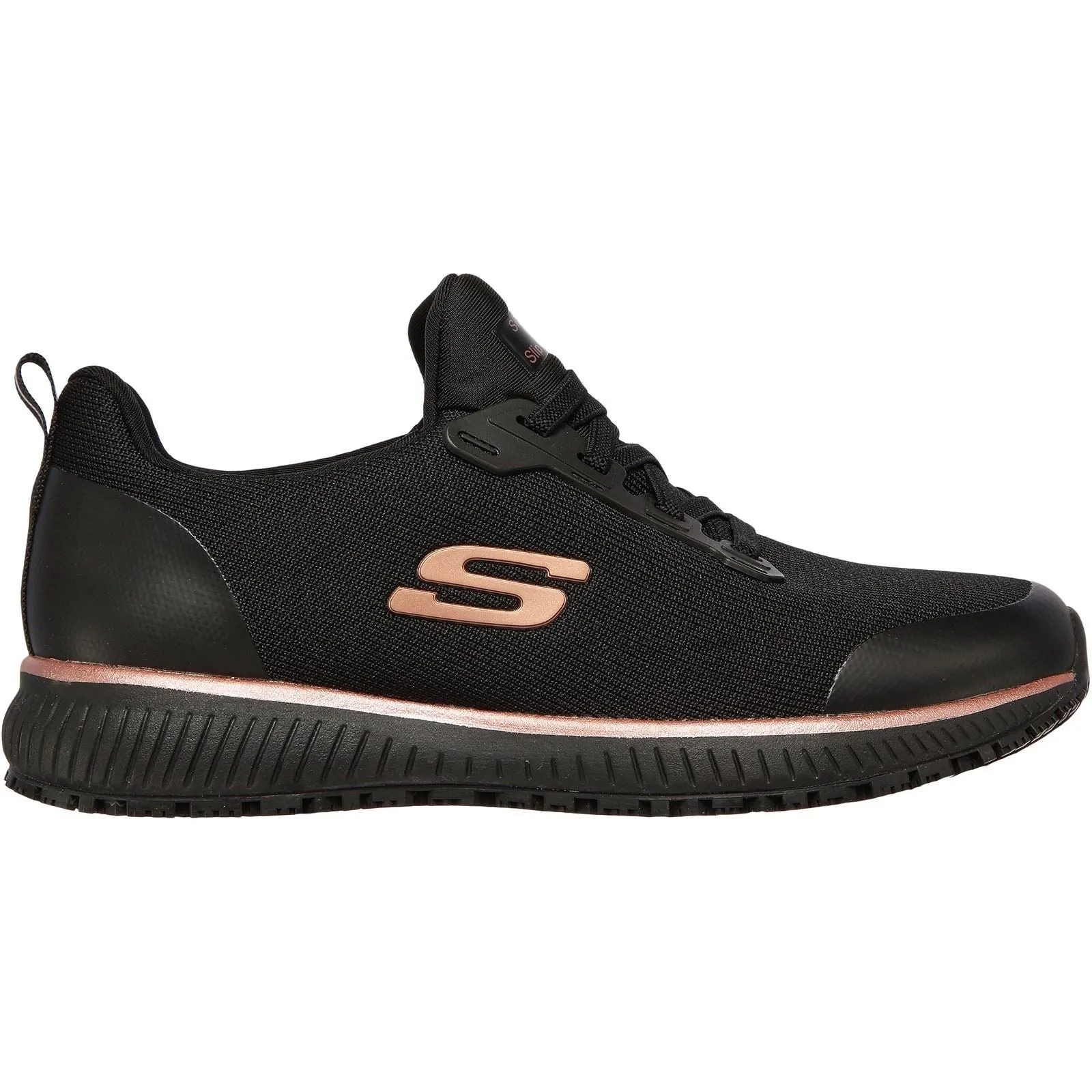 Women's Wide Fit Skechers 77222EC Squad SR Occupational Trainers - Black/Rose Gold